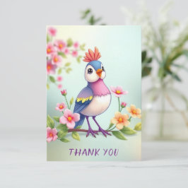 Cute Blue Pink Bird Floral Thank You Card Dankeskarte