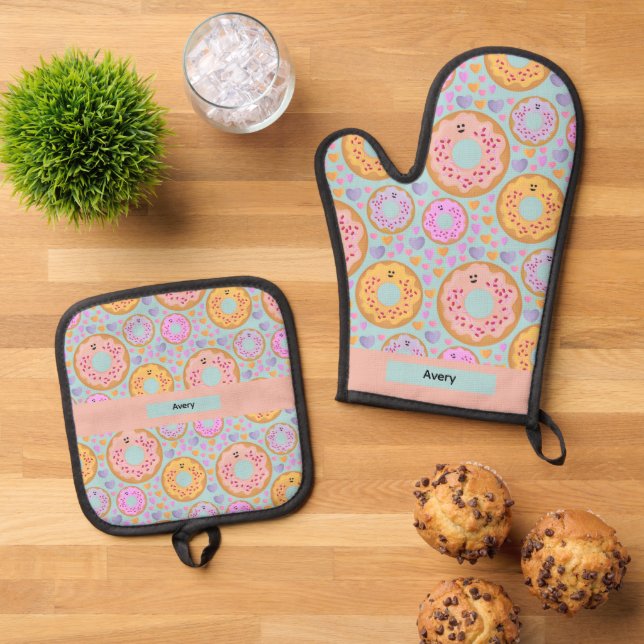 Cute Blue Pink Pastel Donuts & Hearts Ofenhandschuh & Topflappen-Set (Oben Unten)