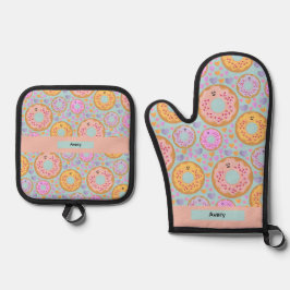 Cute Blue Pink Pastel Donuts & Hearts Ofenhandschuh & Topflappen-Set