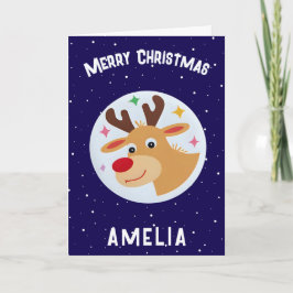 Cute Blue Reindeer Kid`s Name Merry Christmas Karte
