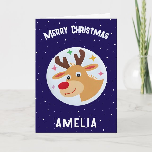 Cute Blue Reindeer Kid`s Name Merry Christmas Karte (Vorderseite)