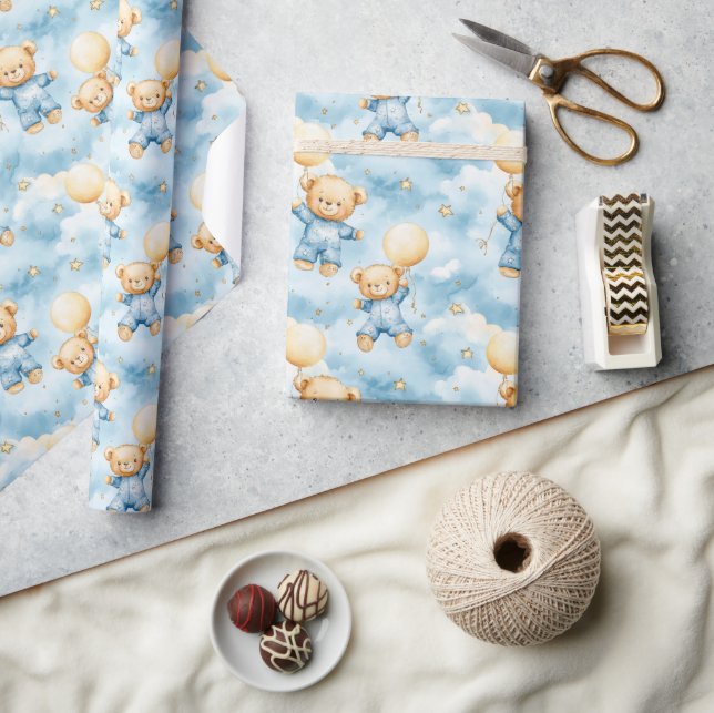Cute Blue Teddy Bear Baby Boy Shower Geschenkpapier (Kunsthandwerk)