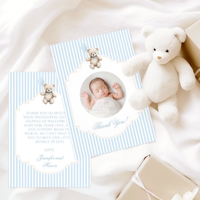 Cute Blue Teddy Bear Baby Boy Shower Photo Dankeskarte (Von Creator hochgeladen)