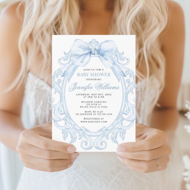 Cute Blue Toile Frame Bow Baby Boy Shower Einladung (Von Creator hochgeladen)