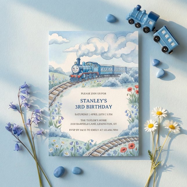 Cute Blue Train Watercolor Boys Birthday Party Einladung (Blue Train Birthday Party Invitation for Boys)