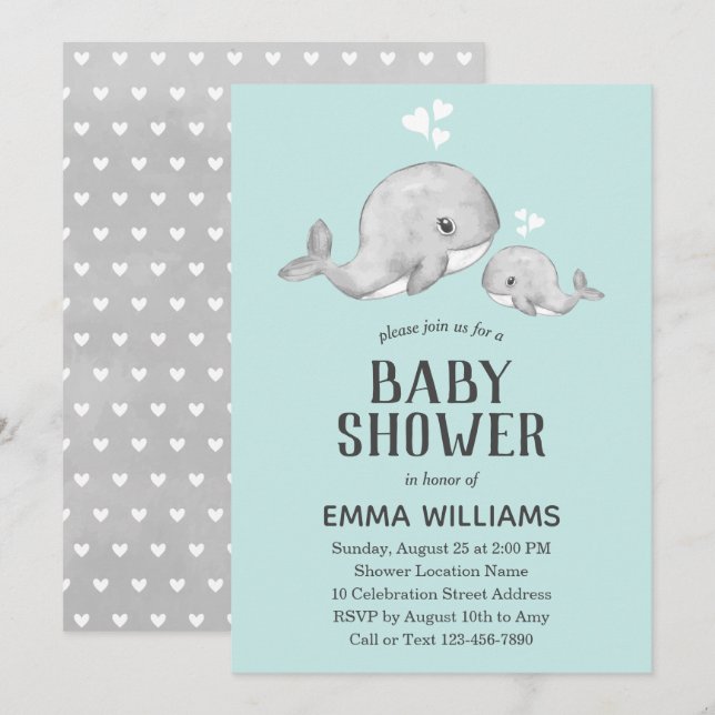 Cute Blue Whale Baby shower Invitation - Garçon (Devant / Derrière)