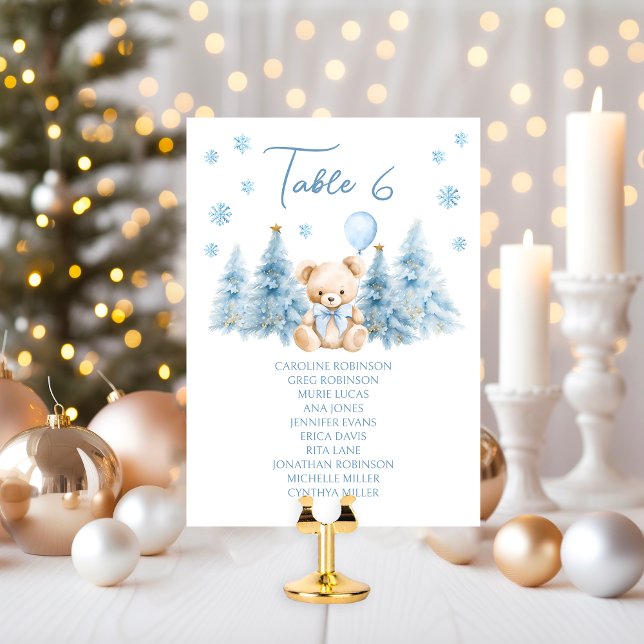 Cute Blue Winter Teddy Bear Baby Boy Table Number (Von Creator hochgeladen)