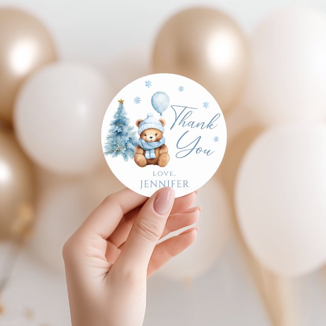 Cute Blue Winter Teddy Bear Baby Shower Thank You Runder Aufkleber (Von Creator hochgeladen)