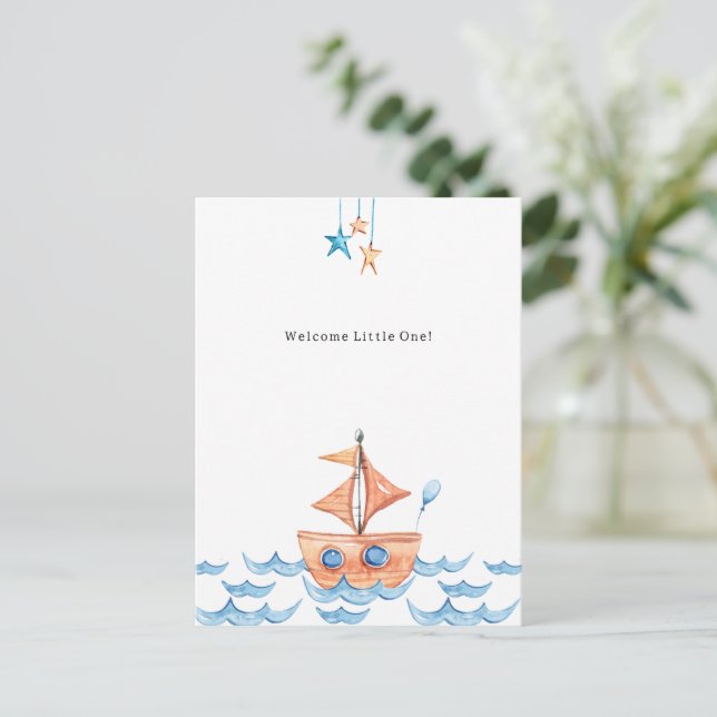 Cute Boat And Ocean Welcome New Baby Card Postkarte (Stehend Vorderseite)