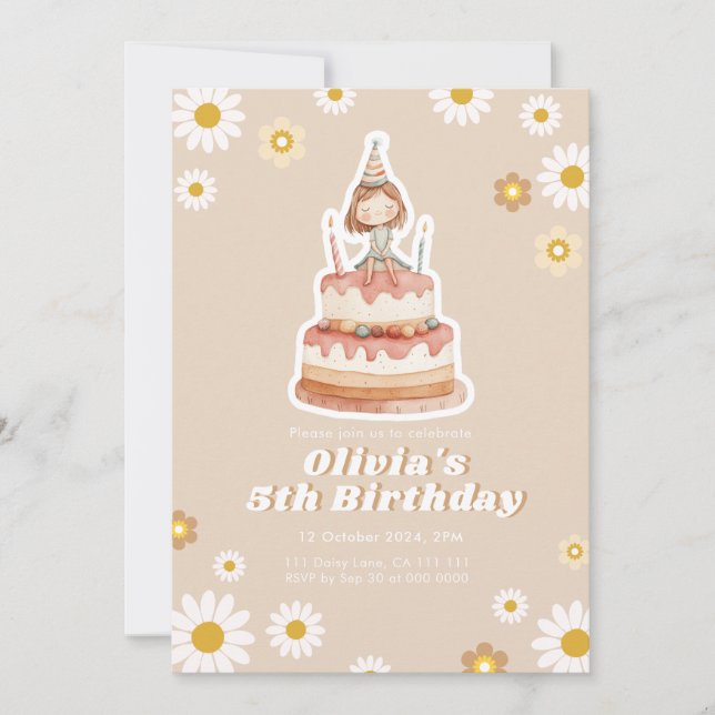 Cute Boho Beige Daisy Girl Anniversaire Invitation (Devant)