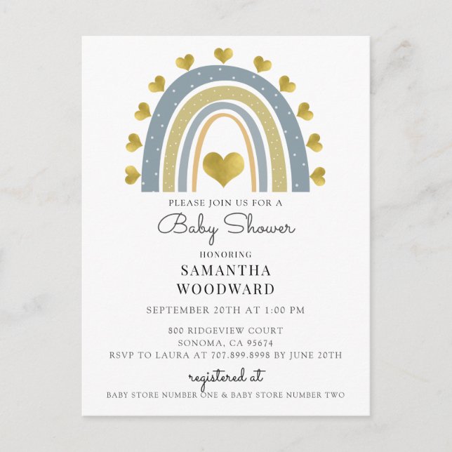 Cute Boho Blue Rainbow Baby Boy Shower Invitation (Devant)