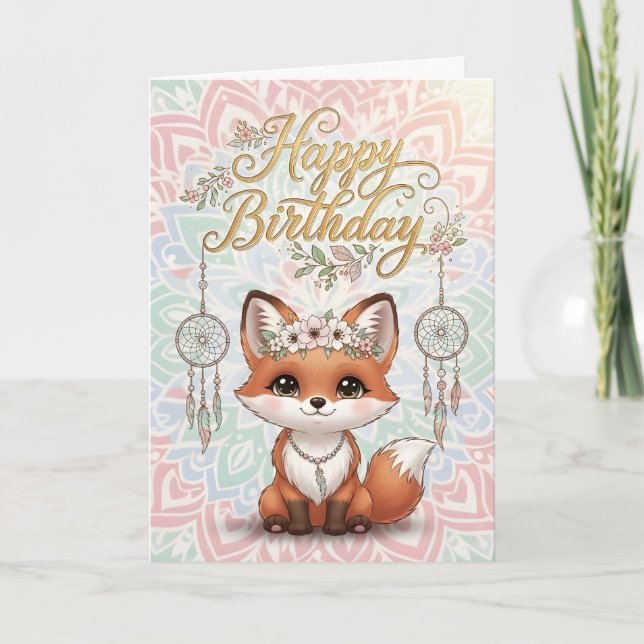 Cute Boho Fox Happy Birthday Card with Dreamcatche Karte (Vorderseite)