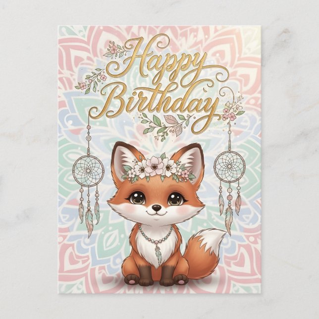 Cute Boho Fox Happy Birthday Card with Dreamcatche Postkarte (Vorderseite)