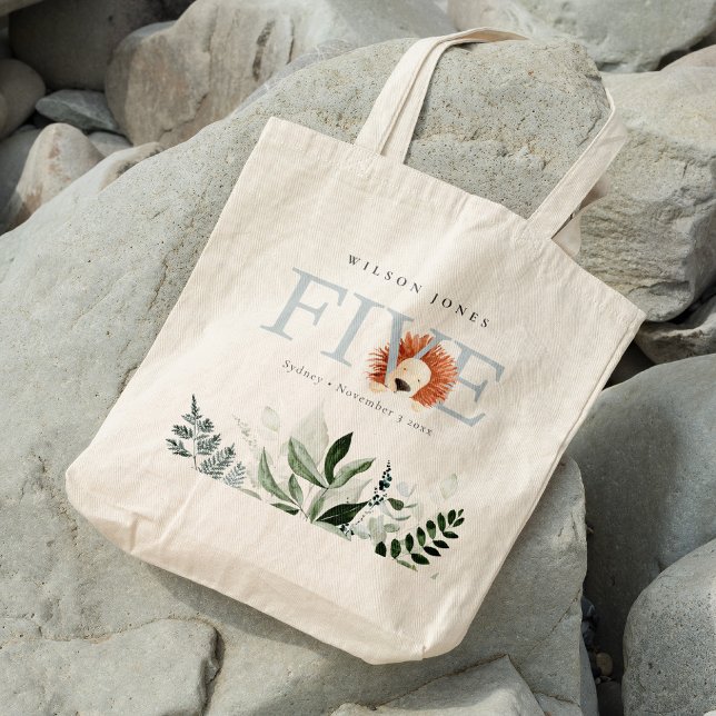 Cute Boho Lion Foliage Fifth 5th Birthday Party Tragetasche (Von Creator hochgeladen)