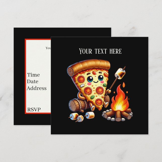 Cute bonfire pizza party invitation (Devant / Derrière)