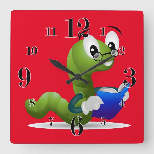 Cute Bookworm Animal Print Children's Quadratische Wanduhr (Vorderseite)
