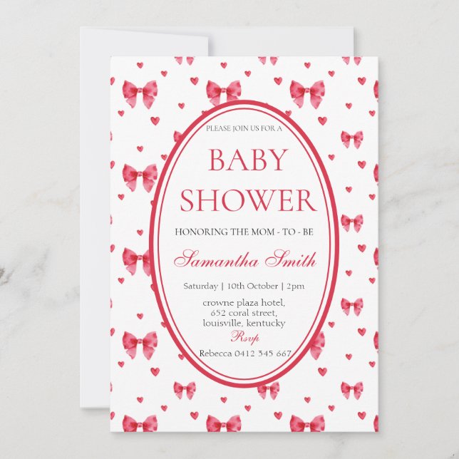 Cute Bow & coeur Baby shower Invitation (Devant)