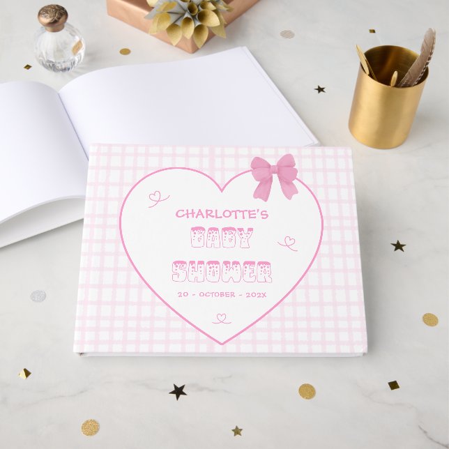 Cute Bow Pastel Pink Gingham Baby Shower Gästebuch (Vorderseite Offen)
