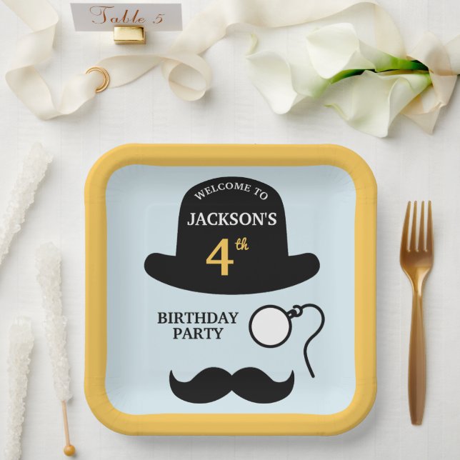 Cute Bowler Hat and Monocle Any Age Birthday Party Pappteller (Hochzeit)