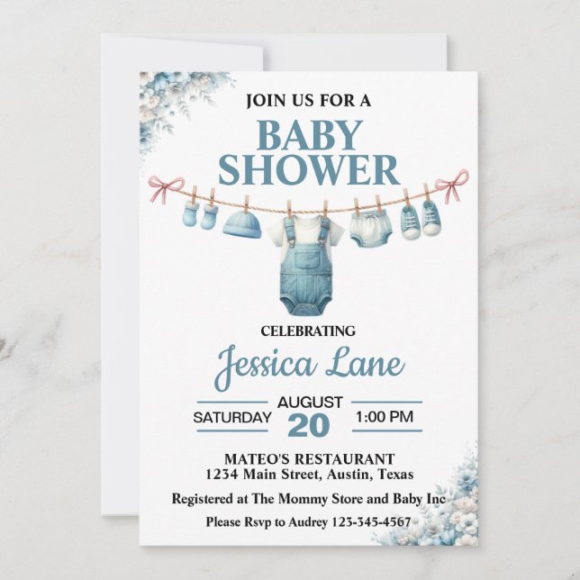 Cute Boy Clothesline Baby shower Invitation (Devant)