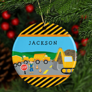 Cute Boy Construction Vehicle Kids Christmas Keramik Ornament