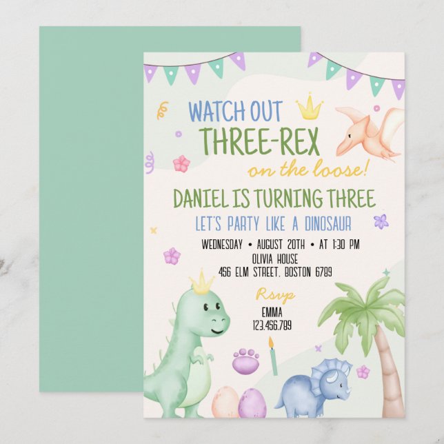 Cute Boy Dinosaur Invitation de fête d'anniversair (Devant / Derrière)