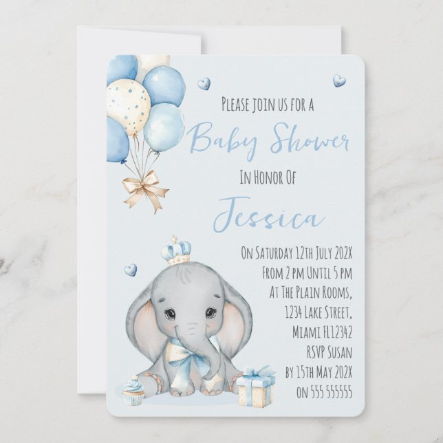 Cute Boy Elephant Prince Baby Shower Invitation Einladung (Vorderseite)