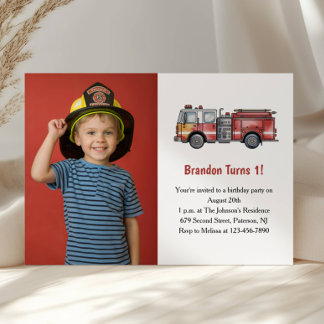 Cute Boy Firefighter Photo Kids 1st Birthday Party Einladung