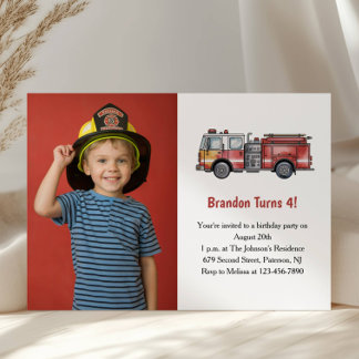 Cute Boy Firefighter Photo Kids 4th Birthday Party Einladung