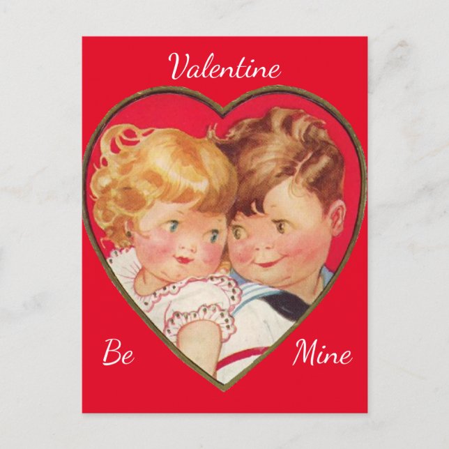 Cute Boy & Girl Heart Carte postale Valentine Vint (Devant)