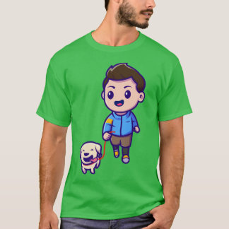 Cute Boy Jogging With Dog Cartoon T-Shirt