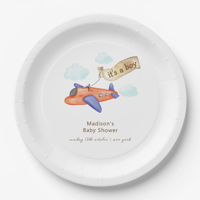 Cute Boy Minimal Aviator Airplane Baby Shower  Pappteller (Vorderseite)