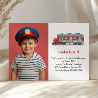 Cute Boy Train Photo Kids 1st Birthday Party Einladung