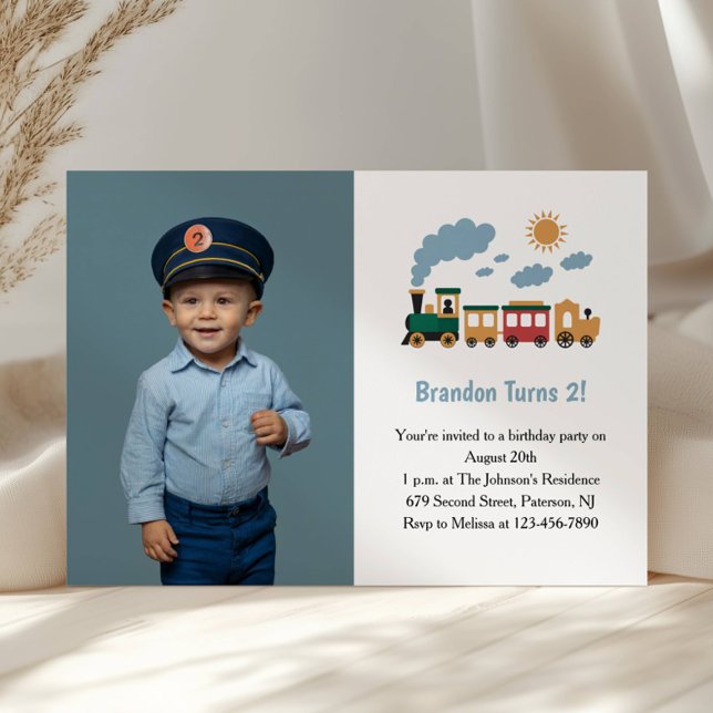 Cute Boy Train Photo Kids 2nd Birthday Party Einladung (Von Creator hochgeladen)