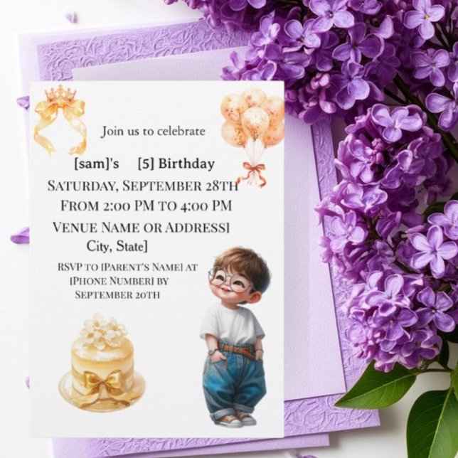 Cute Boy with Glasses 5th Birthday Party Invitatio Einladung (Von Creator hochgeladen)