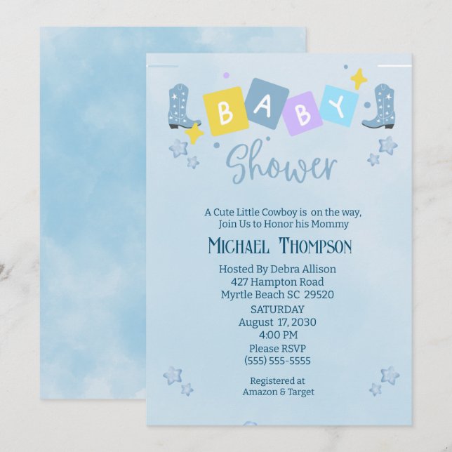 Cute Boys Cowboy Baby shower Invitation (Devant / Derrière)