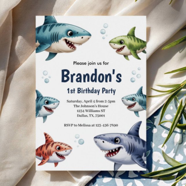 Cute Boys Watercolor Shark 1st Birthday Party Einladung (Von Creator hochgeladen)