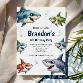 Cute Boys Watercolor Shark 4th Birthday Party Einladung