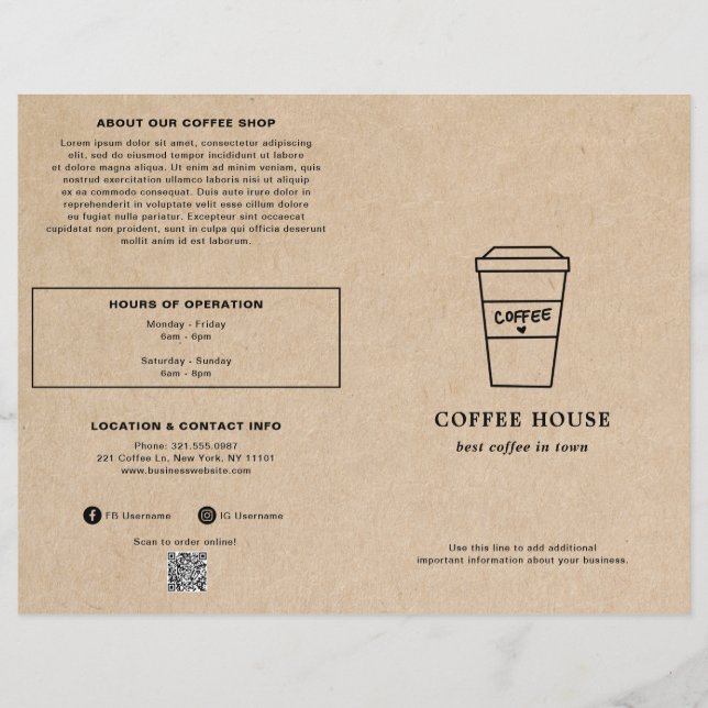 Cute Brown Coffee Cup Coffee Shop Menu (Vorderseite)