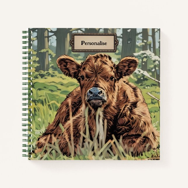 Cute Brown Moo Cow Green Woodland Journal personne (Devant)