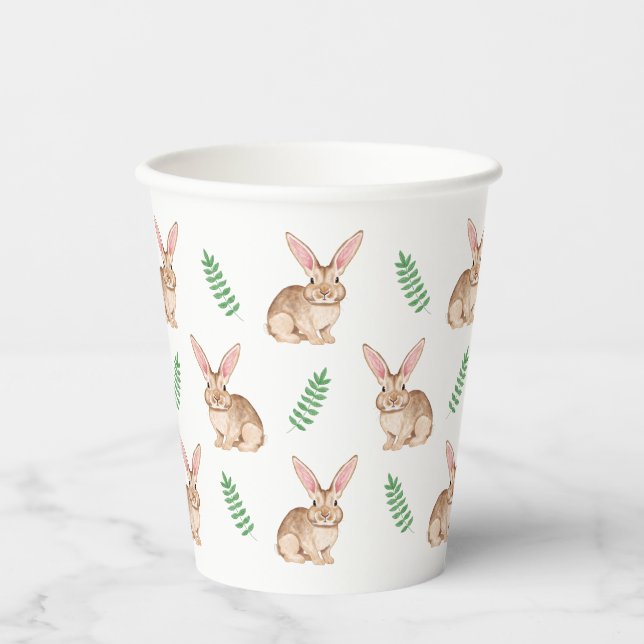 Cute Brown Watercolor Bunny And Greenery Pattern Pappbecher (Vorderseite)