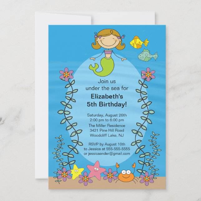 Cute Brunette Mermaid Invitation d'anniversaire (Devant)