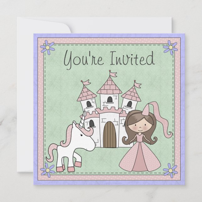 Cute Brunette Princess et Unicorn Invitation d'ann (Devant)