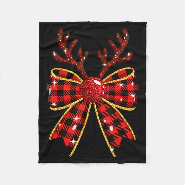 Cute Buffalo Plaid Coquette Bow Reindeer Christmas Fleecedecke (Vorderseite)