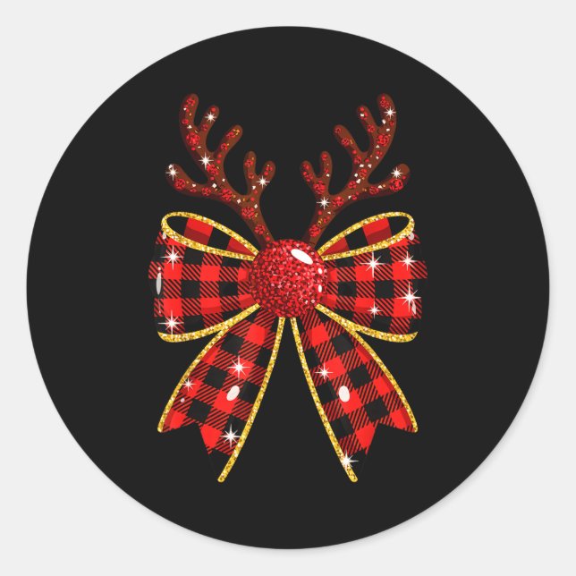Cute Buffalo Plaid Coquette Bow Reindeer Christmas Runder Aufkleber (Vorderseite)