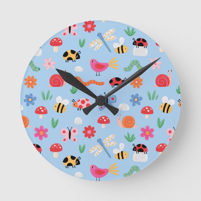 Cute Bugs Kids Wall Clock – Ladybirds, Bees & Natu Runde Wanduhr (Vorderseite)
