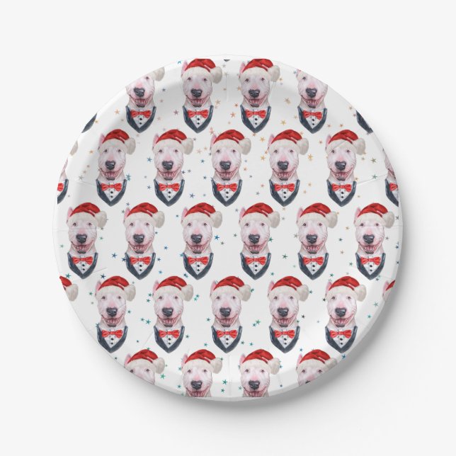 Cute Bull Terrier Dog Christmas Pattern Pappteller (Vorderseite)