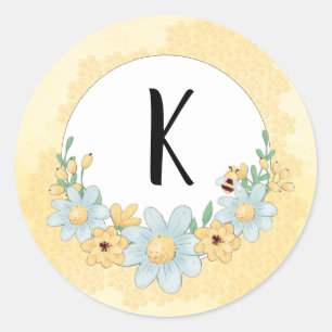 Cute Bumble Bee Yellow Monogram Runder Aufkleber