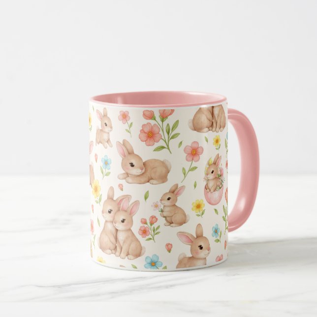 Cute Bunnies and Flowers Pattern Tasse (VorderseiteRechts)