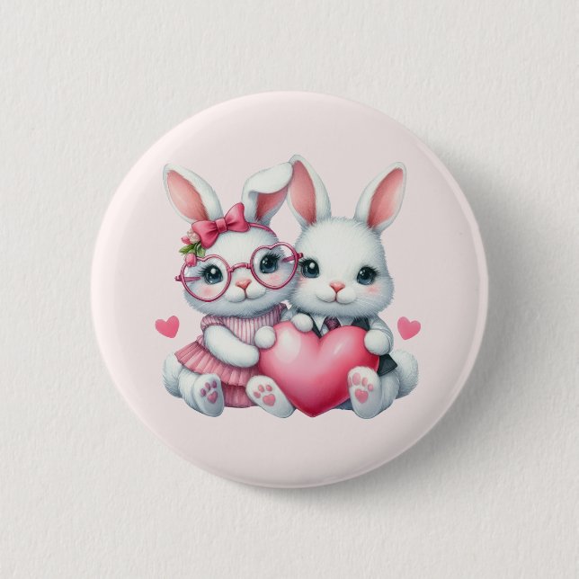 Cute Bunnies Sharing a Heart Button (Vorderseite)